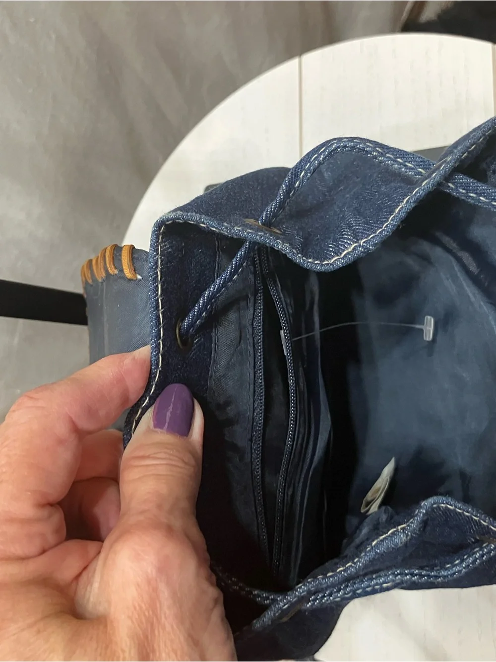 Denim Backpack with Tan Leather Accents - Casual Women's Daypack